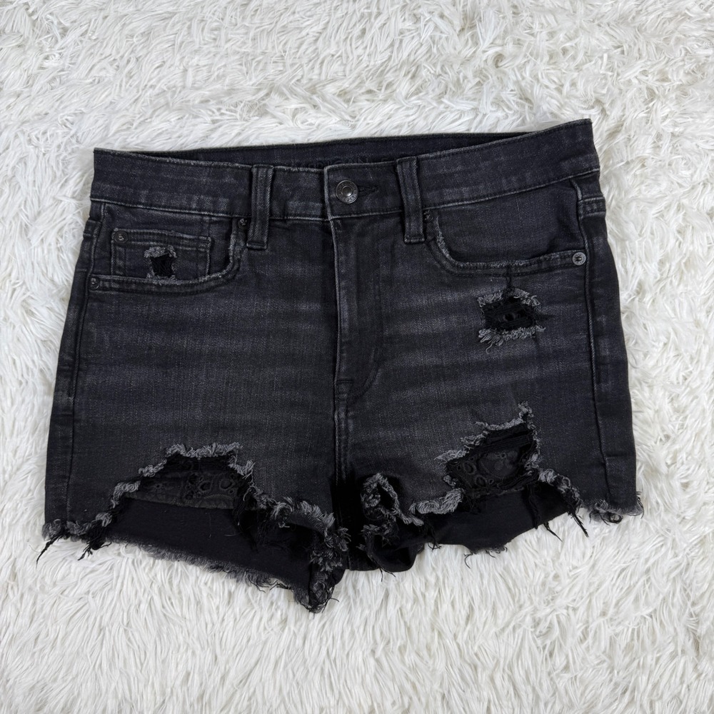 American Eagle Next Stretch Black Distressed Eyelet Denim Shorts Size 6 Y2K 90s